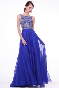Designer Royal Blue Zipper Bateau Beading and Ruching Mother Of The Bride Dress Chiffon Sleeveless Brush Train