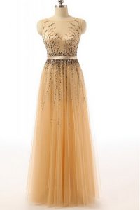 Floor Length Gold Dress for Prom Tulle Sleeveless Beading and Belt