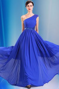 Elegant One Shoulder Royal Blue Sleeveless Chiffon Side Zipper Mother Of The Bride Dress for Prom and Party