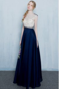 Scoop Cap Sleeves Chiffon Floor Length Zipper Mother Of The Bride Dress in Navy Blue with Beading and Ruching