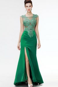 Comfortable Sleeveless Floor Length Beading and Appliques Zipper Prom Party Dress with Dark Green Sweep Train