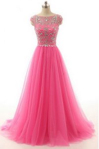 Lace Floor Length Zipper Mother Of The Bride Dress Hot Pink for Prom and Party with Beading