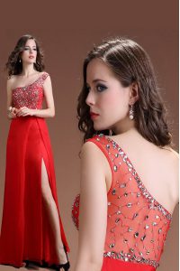 One Shoulder Beading Mother Of The Bride Dress Red Side Zipper Sleeveless Floor Length