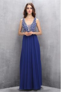 Blue V-neck Zipper Beading and Belt Mother Of The Bride Dress Sleeveless
