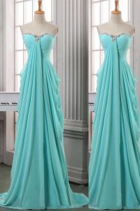 Ideal Chiffon Sweetheart Sleeveless Brush Train Zipper Ruching Mother Of The Bride Dress in Turquoise