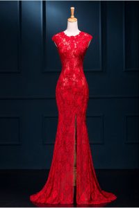 Trendy Scoop Red Mermaid Lace Homecoming Dress Zipper Lace Sleeveless Floor Length