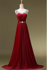 Enchanting Scoop Wine Red Zipper Mother Of The Bride Dress Beading and Belt Sleeveless Brush Train