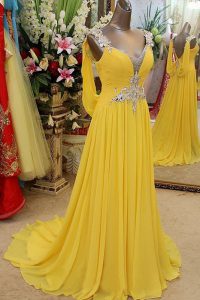 Decent Scoop Sleeveless Mother Of The Bride Dress Brush Train Appliques Yellow Organza