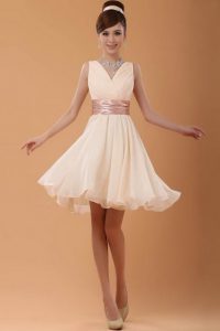 Peach A-line V-neck Sleeveless Organza Mini Length Zipper Belt Evening Dress