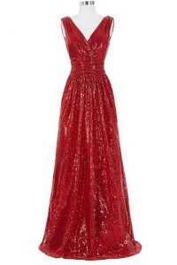 Enchanting Red Zipper V-neck Sequins Prom Gown Sequined Sleeveless Brush Train
