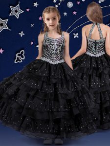 Halter Top Black Ball Gowns Beading and Ruffled Layers Pageant Gowns For Girls Zipper Organza Sleeveless Floor Length
