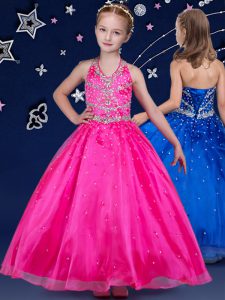 Latest Halter Top Floor Length Hot Pink Custom Made Pageant Dress Organza Sleeveless Beading