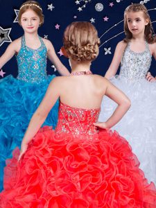 Fantastic Halter Top Sleeveless Organza Floor Length Lace Up Girls Pageant Dresses in White and Coral Red and Blue with Beading and Ruffles