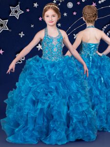 Ball Gowns Glitz Pageant Dress Blue Halter Top Organza Sleeveless Floor Length Lace Up