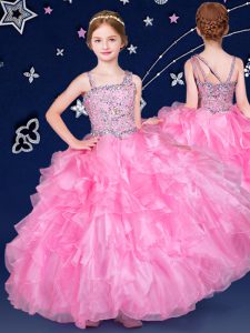 Organza Asymmetric Sleeveless Zipper Beading and Ruffles Pageant Dress Toddler in Rose Pink