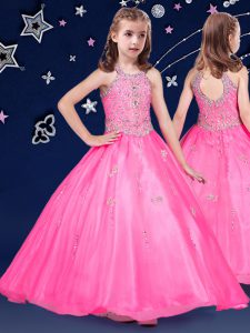 Customized Hot Pink Little Girls Pageant Dress Quinceanera and Wedding Party and For with Beading Halter Top Sleeveless Zipper