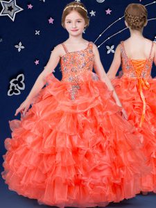 Unique Orange Asymmetric Neckline Beading and Ruffled Layers Winning Pageant Gowns Sleeveless Lace Up