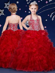 Fashionable Halter Top Wine Red Sleeveless Beading and Ruffles Floor Length Girls Pageant Dresses