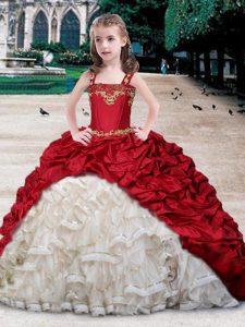 Straps Beading and Appliques and Ruffles and Pick Ups Pageant Dress Womens White and Wine Red Lace Up Sleeveless Floor Length
