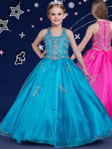 Superior Blue Zipper Scoop Beading Pageant Dress for Womens Organza Sleeveless