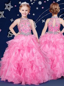 Most Popular Halter Top Floor Length Ball Gowns Sleeveless Rose Pink Pageant Dress for Womens Zipper