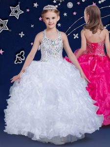 Trendy Halter Top Sleeveless Organza Floor Length Lace Up Kids Pageant Dress in White with Beading and Ruffles