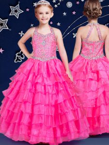 Great Halter Top Floor Length Zipper Evening Gowns Hot Pink for Quinceanera and Wedding Party with Beading and Ruffled Layers