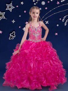 Halter Top Fuchsia Lace Up Pageant Dress Toddler Beading and Ruffles Sleeveless Floor Length
