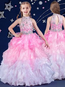 Custom Designed Halter Top White and Pink And White Sleeveless Organza Zipper Pageant Dresses for Quinceanera and Wedding Party