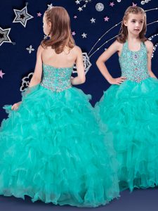 Halter Top Turquoise Zipper Custom Made Pageant Dress Beading and Ruffles Sleeveless Floor Length