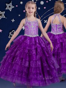 Unique Halter Top Beading and Ruffled Layers Pageant Dress for Girls Eggplant Purple Zipper Sleeveless Floor Length