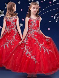Affordable Scoop Ankle Length Zipper Pageant Dress for Teens Red for Quinceanera and Wedding Party with Beading and Appliques