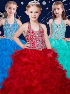 Nice Halter Top Sleeveless Zipper Pageant Dress for Teens Wine Red and Baby Blue and Turquoise Organza