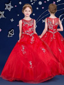 Ball Gowns High School Pageant Dress Red Scoop Organza Sleeveless Floor Length Zipper