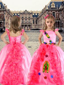 Floor Length Rose Pink Pageant Dress Womens Spaghetti Straps Cap Sleeves Lace Up