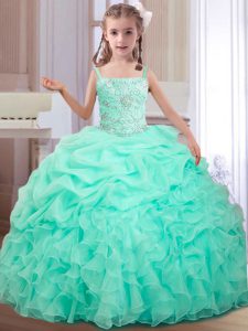 Straps Apple Green Lace Up Kids Formal Wear Beading and Ruffles and Pick Ups Sleeveless Floor Length