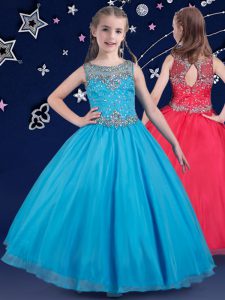 Scoop Baby Blue Ball Gowns Beading Pageant Dress for Womens Zipper Organza Sleeveless Floor Length
