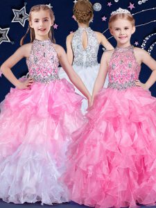 On Sale Organza Halter Top Sleeveless Zipper Beading and Ruffles Pageant Dresses in White and Pink And White