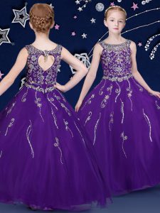 Cheap Ball Gowns Child Pageant Dress Purple Scoop Organza Sleeveless Floor Length Lace Up