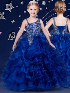 Luxurious Royal Blue Asymmetric Lace Up Beading and Ruffled Layers Girls Pageant Dresses Sleeveless