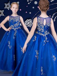 Pretty Scoop Royal Blue Sleeveless Floor Length Beading and Appliques Zipper Little Girls Pageant Dress Wholesale