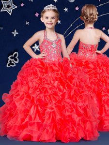 Stunning Halter Top Coral Red Sleeveless Beading and Ruffles Floor Length Pageant Gowns