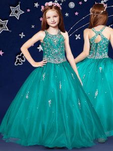 Eye-catching Teal Ball Gowns Scoop Sleeveless Organza Floor Length Zipper Beading Pageant Dress