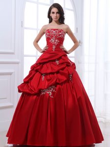 Embroidered Red A-line Quinceanera Dresses with Pick ups on Sale