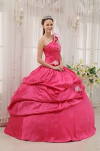 Trendy one Shoulder Pick Ups Dress for Sweet 16 in Hot Pink