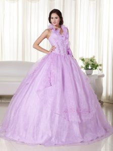 Lavender Embroidery Dress for Quince with Flounced Halter