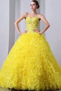 Sweetheart Beaded Yellow Quinces Dresses with Rolling Flowers