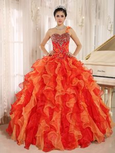 Customized one Shoulder Ruffled Beaded Orange Sweet 16 Dress