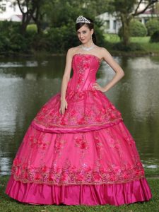 2013 on Sale Strapless Appliqued Hot Pink Dresses for Quince