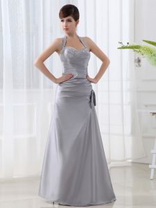 Modern Halter Top Floor Length Grey Mother Of The Bride Dress Satin Sleeveless Beading and Ruching